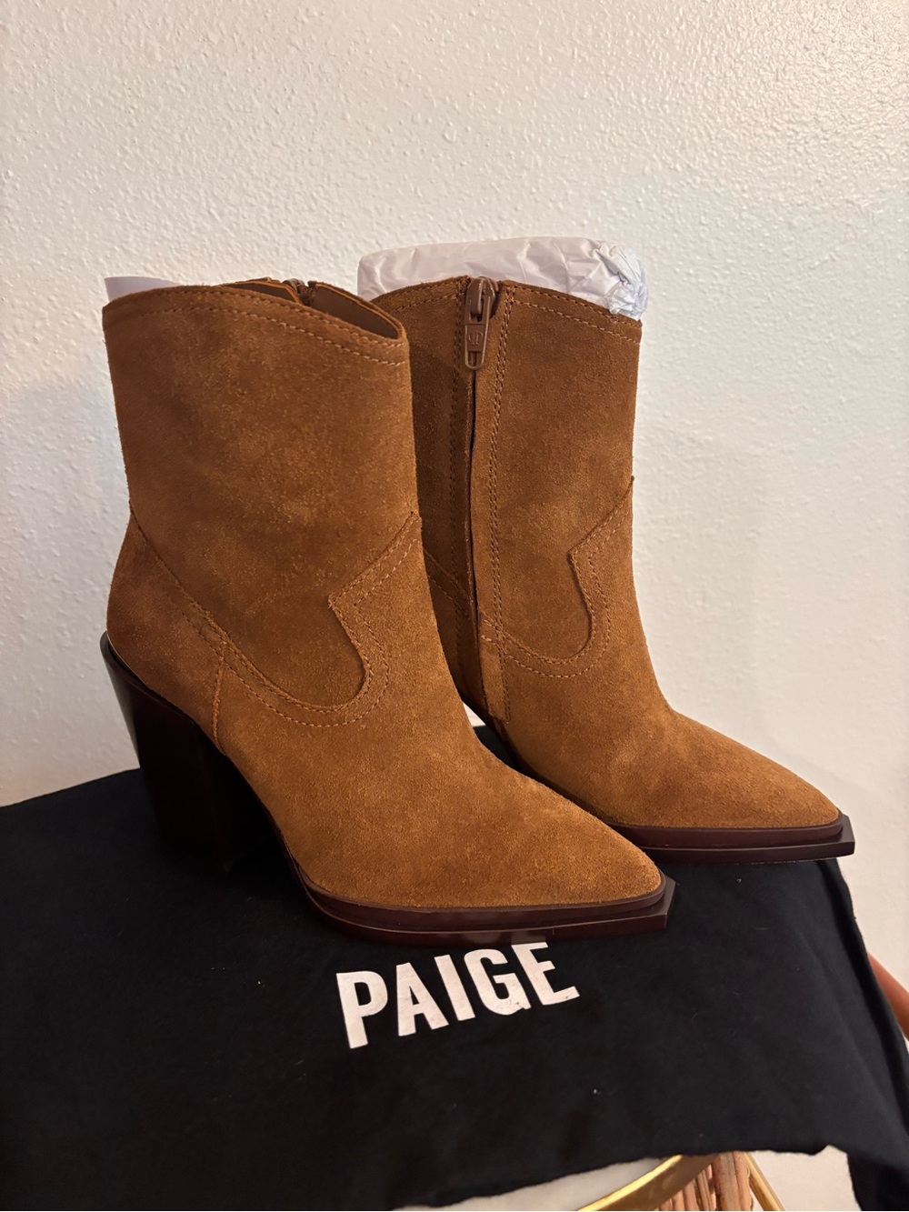 PAIGE Suede Western-Style Ankle Boots in Tan Brown Leather New In Box 5